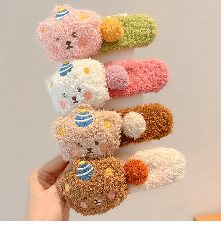 Large, cute plush pudding bear hairpin, half hair clip at the back of the female head, autumn and winter one-line duckbill clip, scratch-clip headwear pic 34
