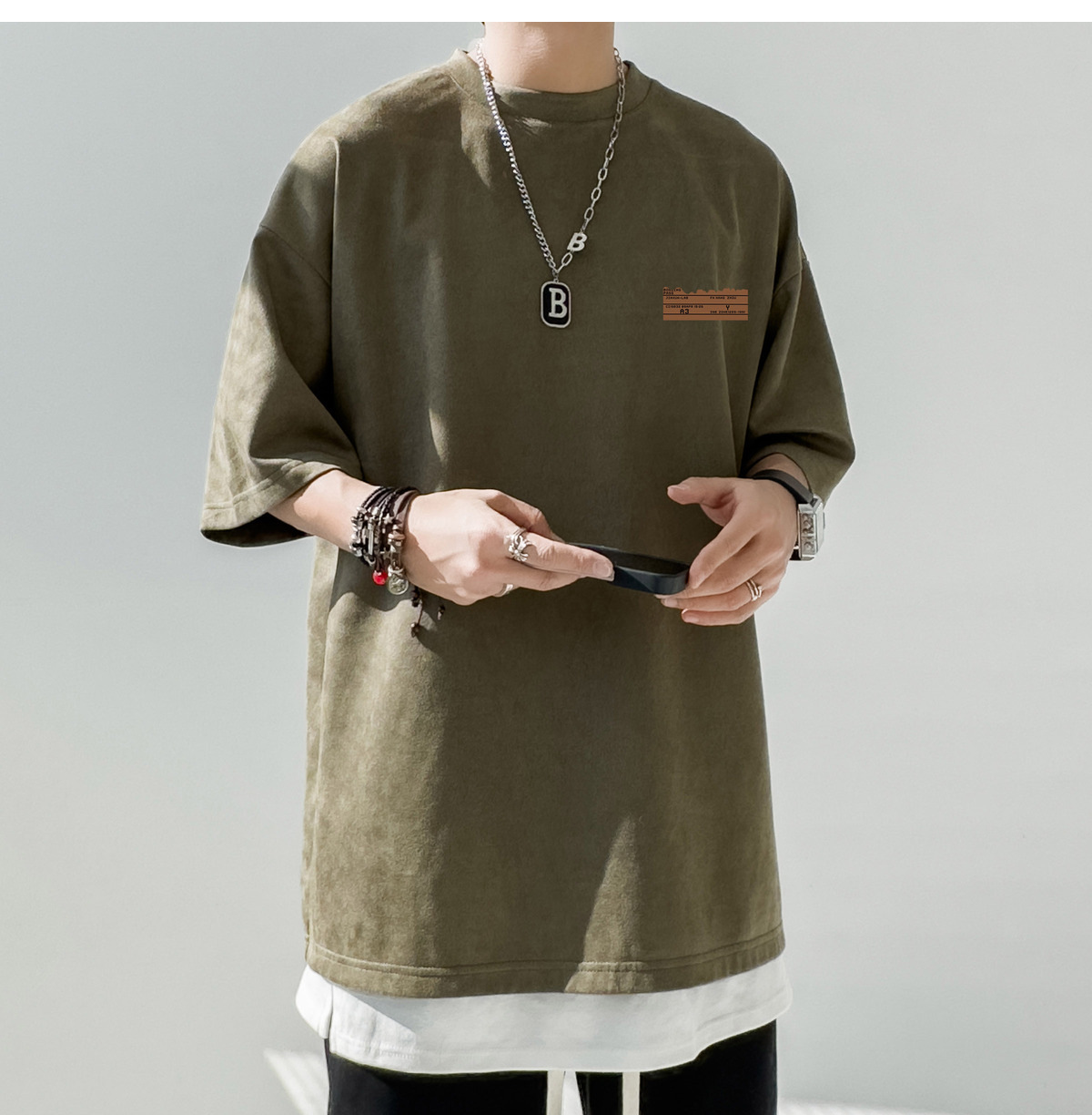 简恒咖色重磅美式复古男士短袖t恤夏季男款百搭仿麂皮绒定制T恤潮详情17