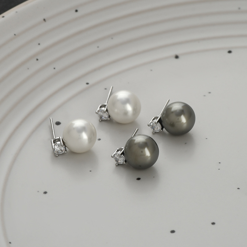 高级感简约浅灰色玻璃珍珠微镶锆石S925银针百搭耳钉气质耳饰耳环详情5