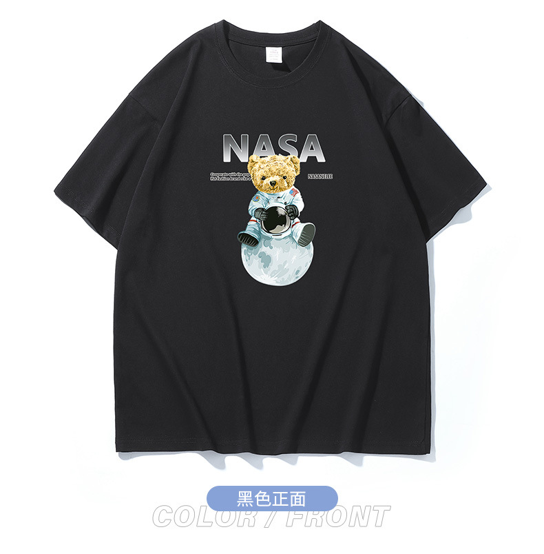 NASA collaboration short-sleeved T-shirt for men, a heavyweight off-the-shoulder pure cotton bestseller with bear print, half-sleeved couple T-shirt for women pic 25
