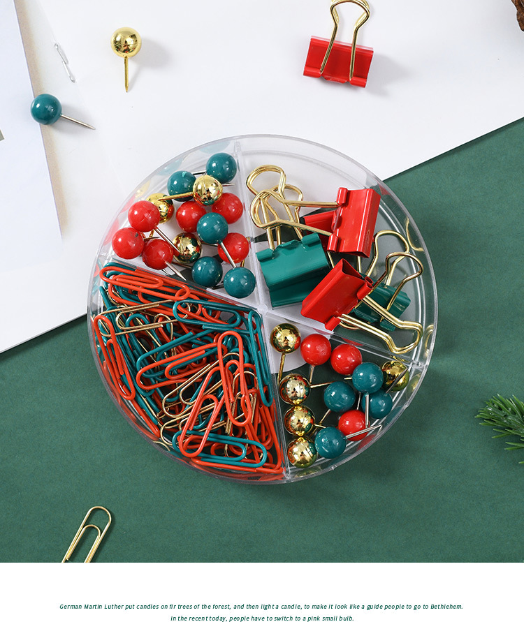 Christmas creative paperclip, long-tail clip, four-compartment round box stationery set, red, green and gold cultural and creative binding gift pic 4