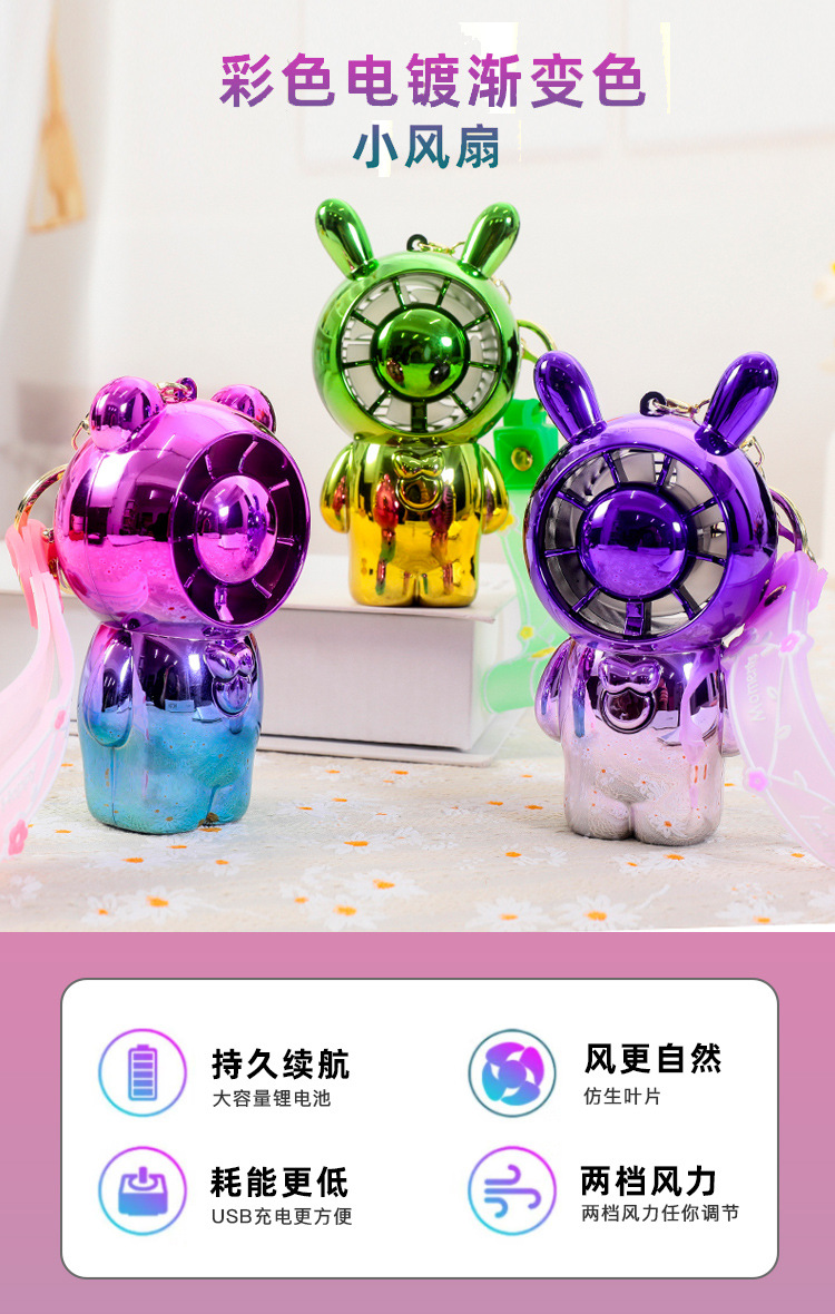 手持电镀渐变彩色卡通小熊桌面usb风扇 户外钥匙扣迷你口袋风扇详情1