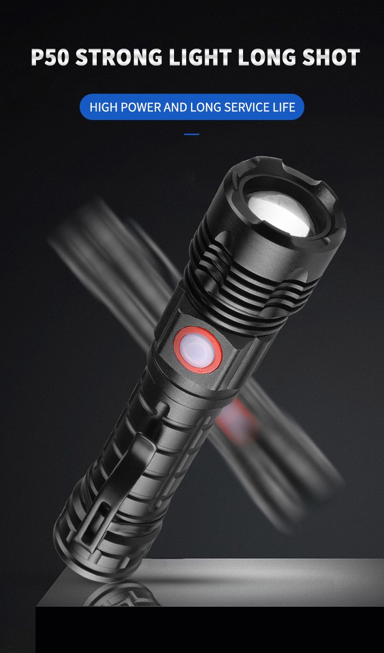 跨境新品XHP50轻便小巧带笔夹变焦强光手电筒 户外便携充电手电筒详情5