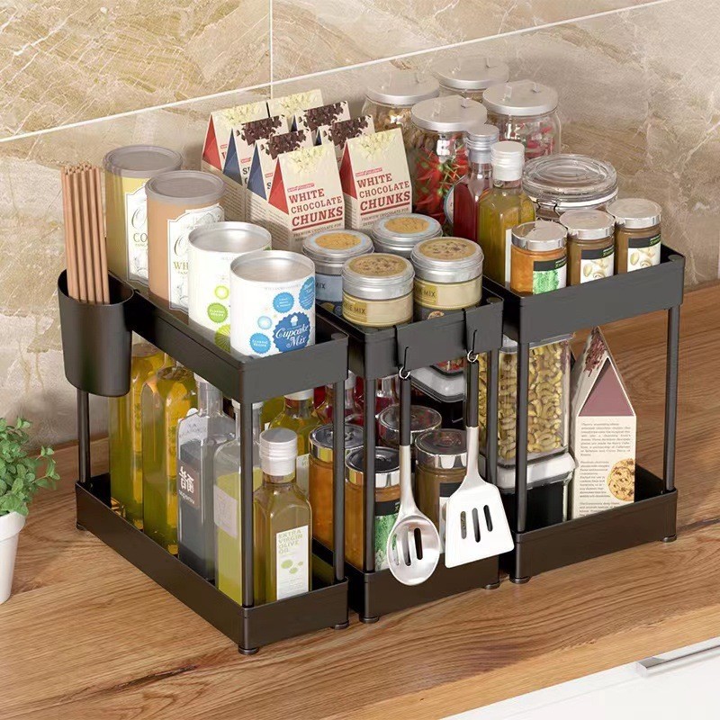 Amazon double pull kitchen countertop storage, bathroom, toilet organization, seasoning, cabinet bottom sink, storage rack pic 15