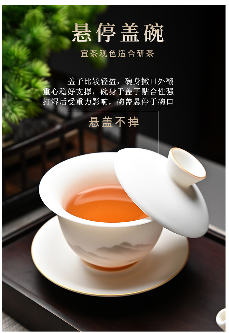 High-end kung Fu tea set, household light luxury sheep fat jade gilded covered bowl teapot tea set, complete set wholesale pic 8