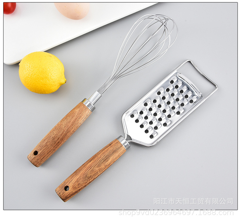 Household kitchen gadgets with acacia wood handles, stainless steel egg beater, ice cream spoon, pizza knife, cross-border set pic 11