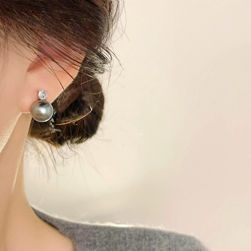 高级感简约浅灰色玻璃珍珠微镶锆石S925银针百搭耳钉气质耳饰耳环详情7