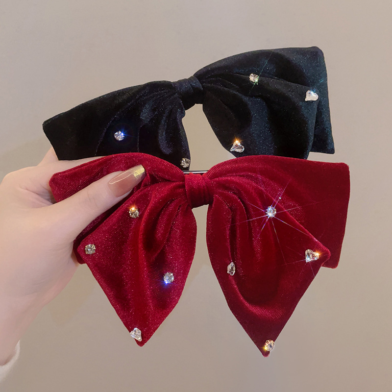 Korean elegant velvet double-layer bow spring water back hair clip, stylish top clip water diamond embellished hair clip pic 11