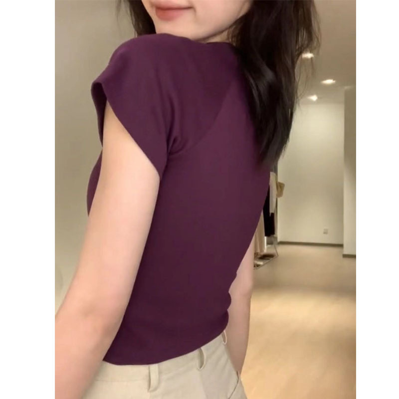 French-american style short slim-fit shoulder T-shirt for women, new summer casual black small flying sleeve top available for delivery pic 9