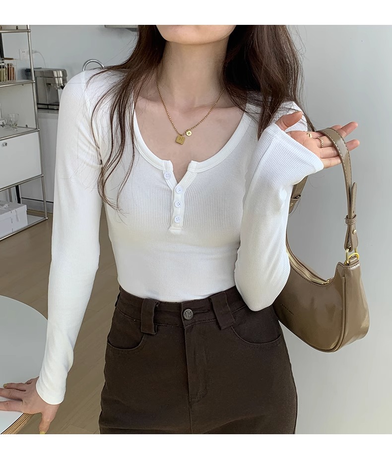 白色长袖t恤女2023秋装新款女装内搭上衣正肩体恤螺纹V领打底衫详情4