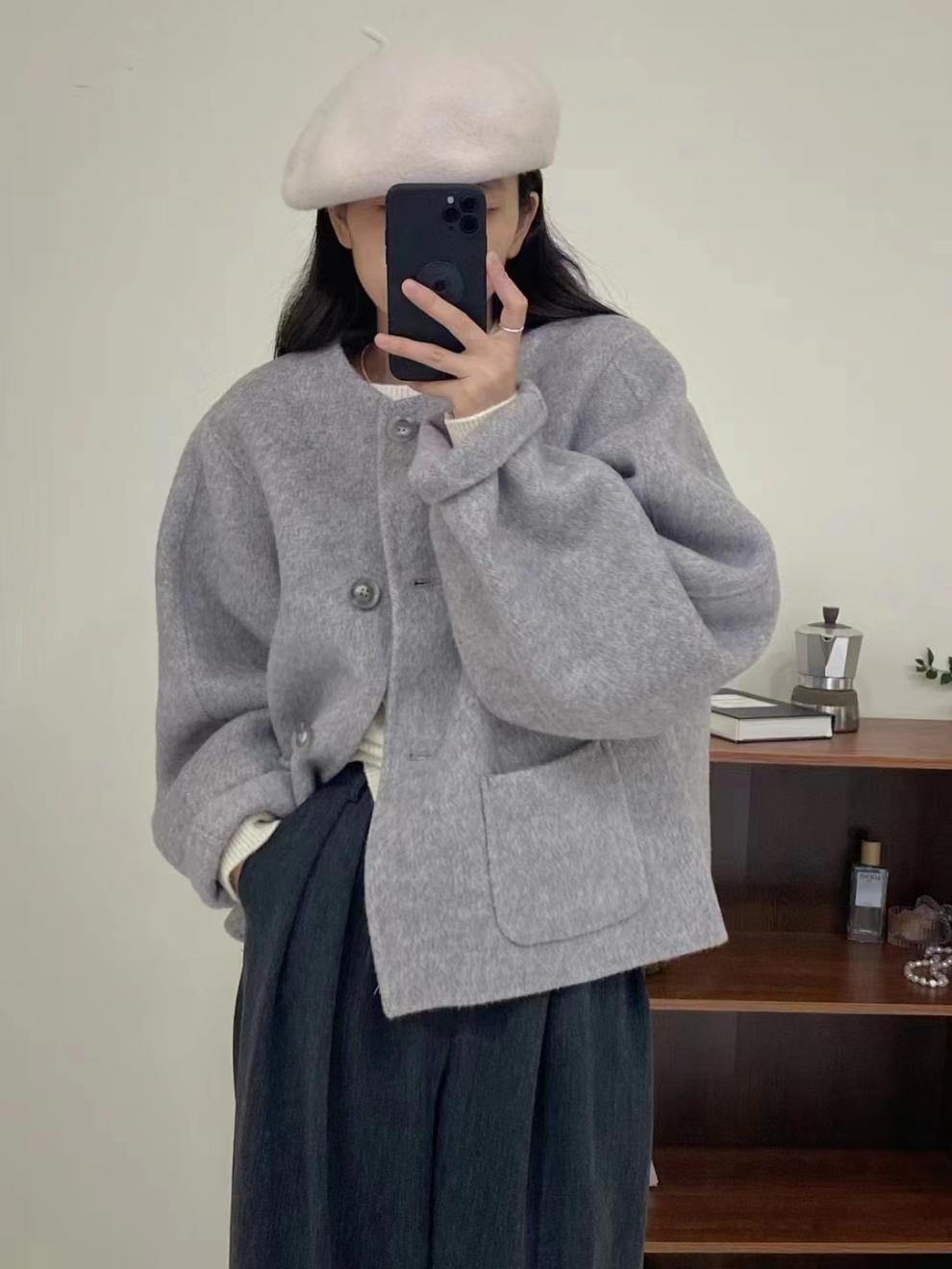 2023 Autumn/Winter new collarless double-sided wool coat, mid-length Korean-style loose and casual woolen coat for girls pic 7