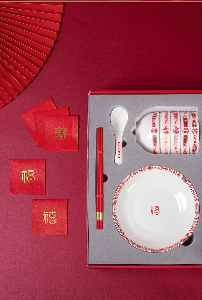 Jingdezhen ceramic tableware sets, bowl and plate sets, household wholesale, Five Blessings sets, gift boxes pic 12