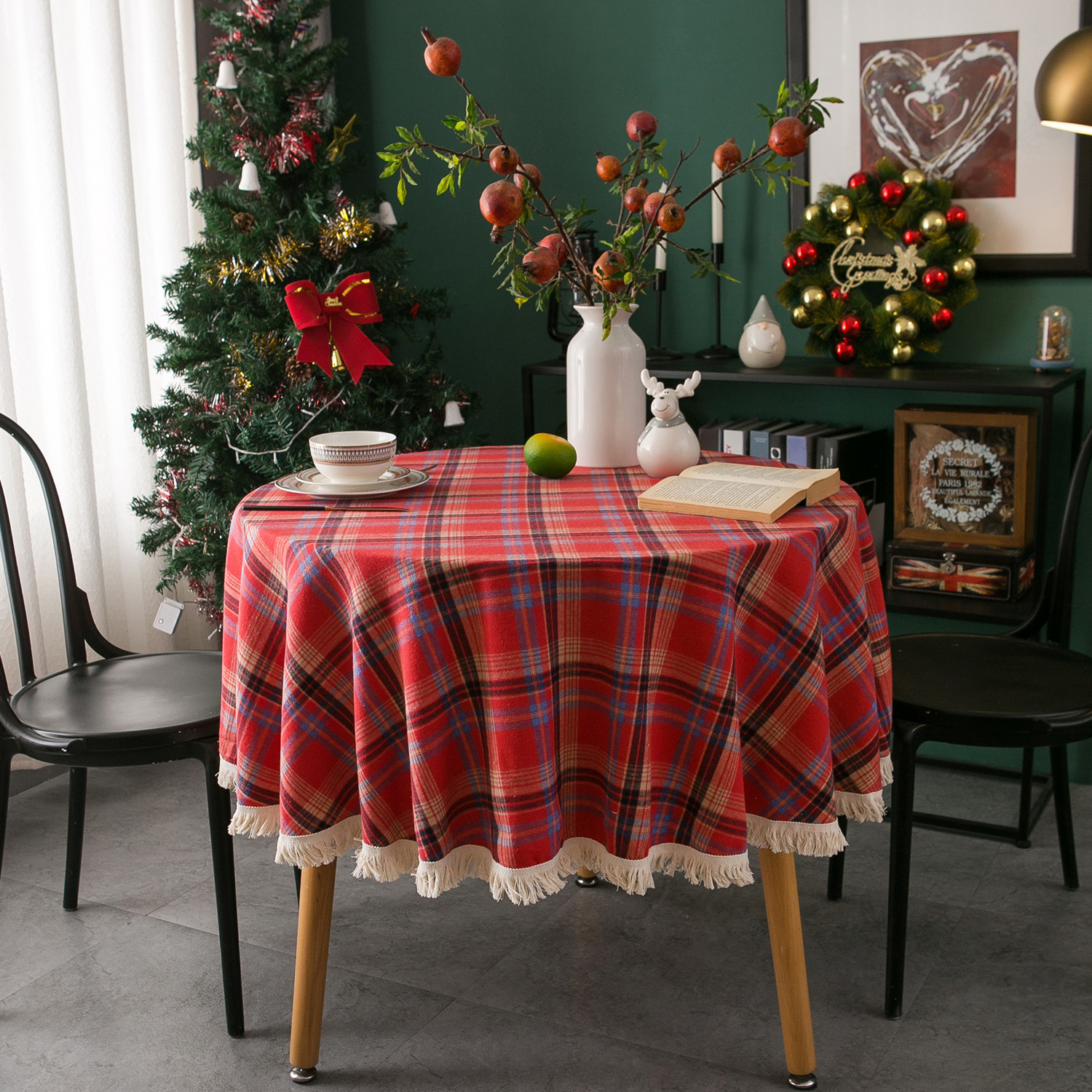 Cross-border Christmas holiday decoration table fabric, retro striped checkered cotton and linen restaurant party cover, Amazon pic 3