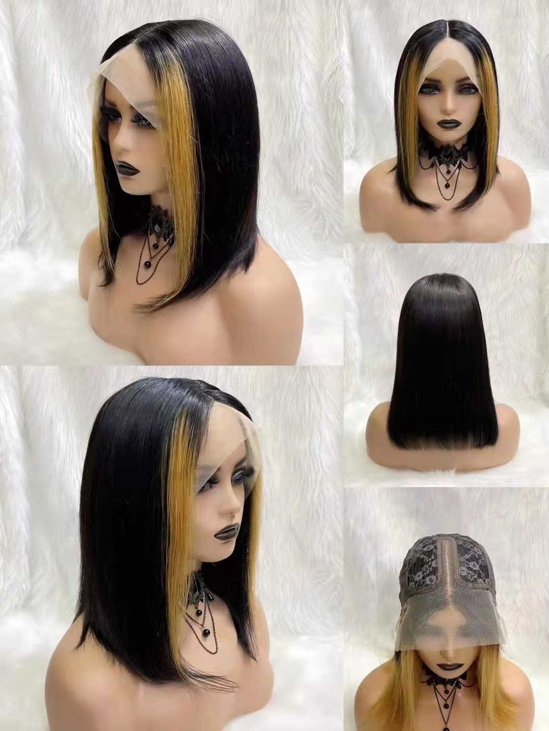 Peluca europea y americana mujer corte medio corto cabello recto peluca lace wig T tipo frontal encaje fibra química bob cabeza pic 4