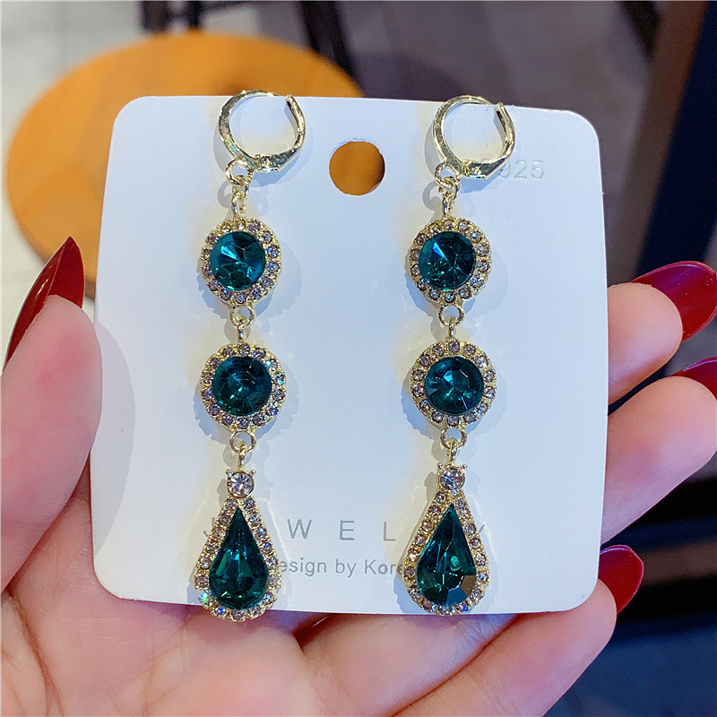 S925银针气质奢华绿色锆石耳扣新款高级水滴时尚百搭女耳环耳饰品详情6