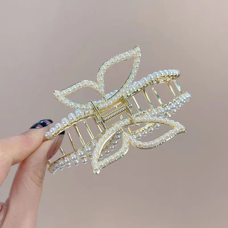 韩国新款珍珠蝴蝶盘发合金抓夹后脑勺大号鲨鱼发夹气质发夹头饰女详情6
