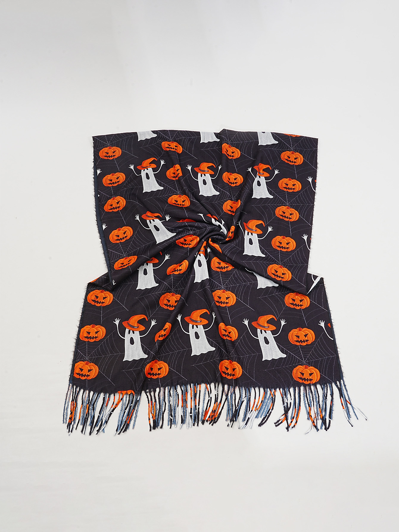 New faux cashmere black Halloween ghost pumpkin digital print scarf Magic Awakening Wizard hat set pic 4