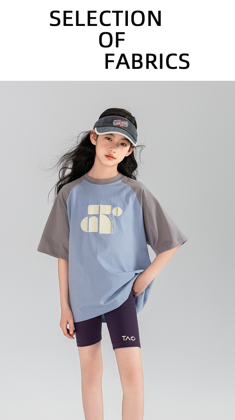 Taotong Girls' T-shirt Summer 2024: American mountain sporty print pure cotton short-sleeved, color-blocking shoulder sleeve pic 28