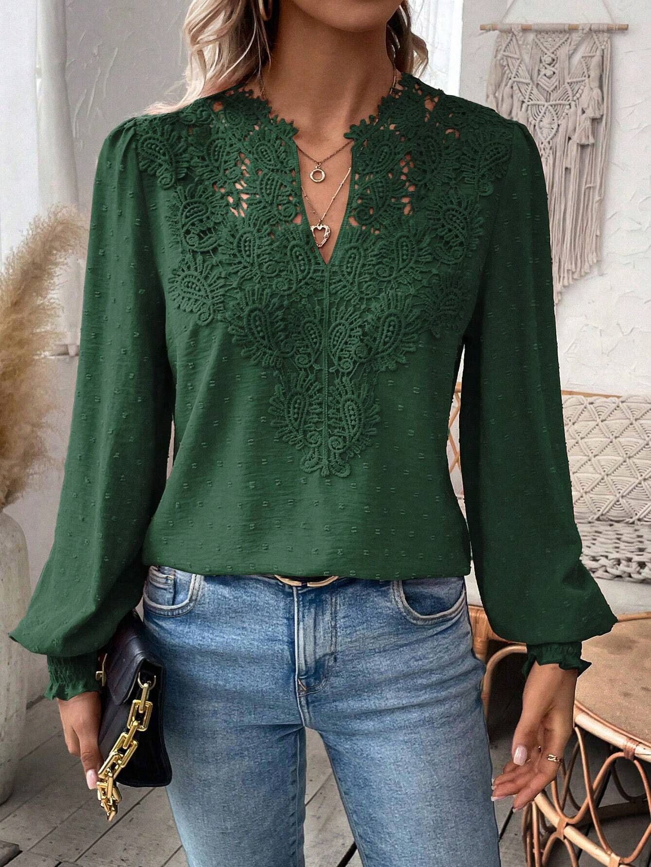 The new autumn and winter fashion V-neck lace solid color long-sleeved casual T-shirt for women on Amazon Cross-border in Europe and America in 2024 pic 29