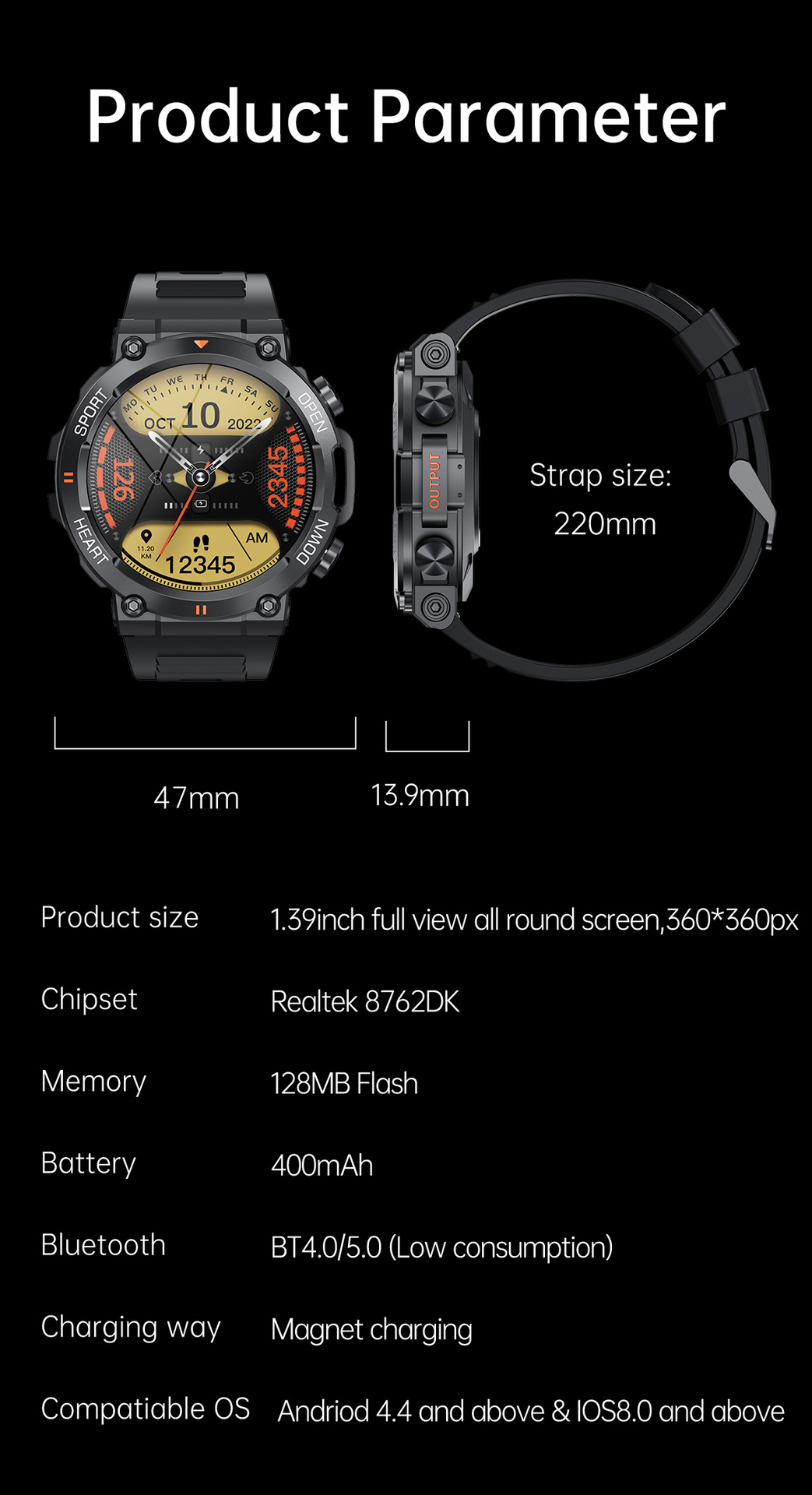 The new K56PRO three-proof communication smartwatch features music, weather, 1.39 inches heart rate, blood pressure and blood oxygen pic 15