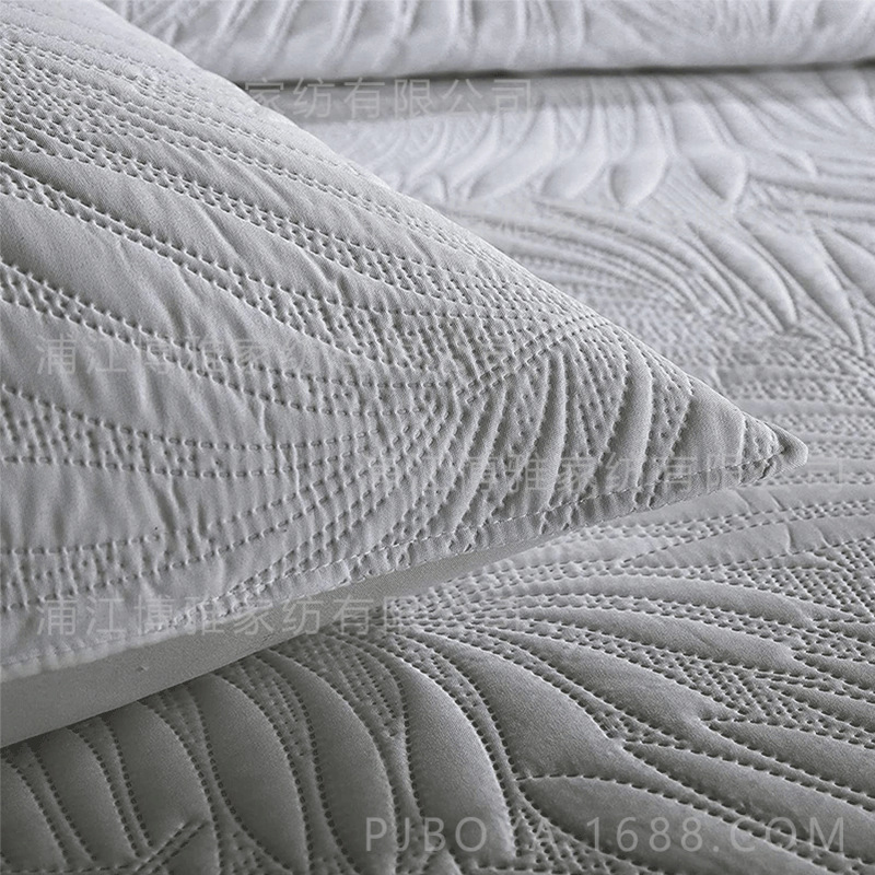 Leaf-shaped hotel universal bed cover jacquard three-piece set, polyester pure white ultrasonic high count and high density bedding pic 18
