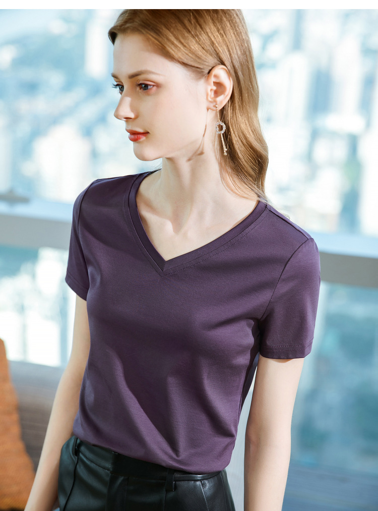 冰感丝光棉短袖t恤女2024新款女装气质v领纯棉体恤纯色高级感上衣详情22