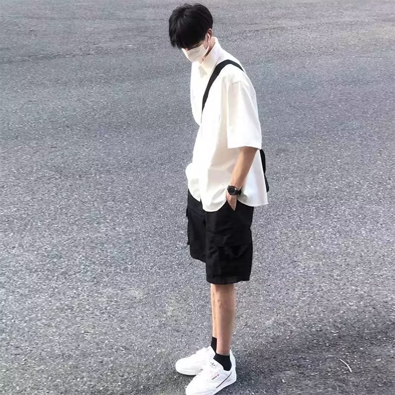 2023新款夏季痞帅宽松纯白色高级感衬衫男士短袖休闲衬衣一件代发详情4