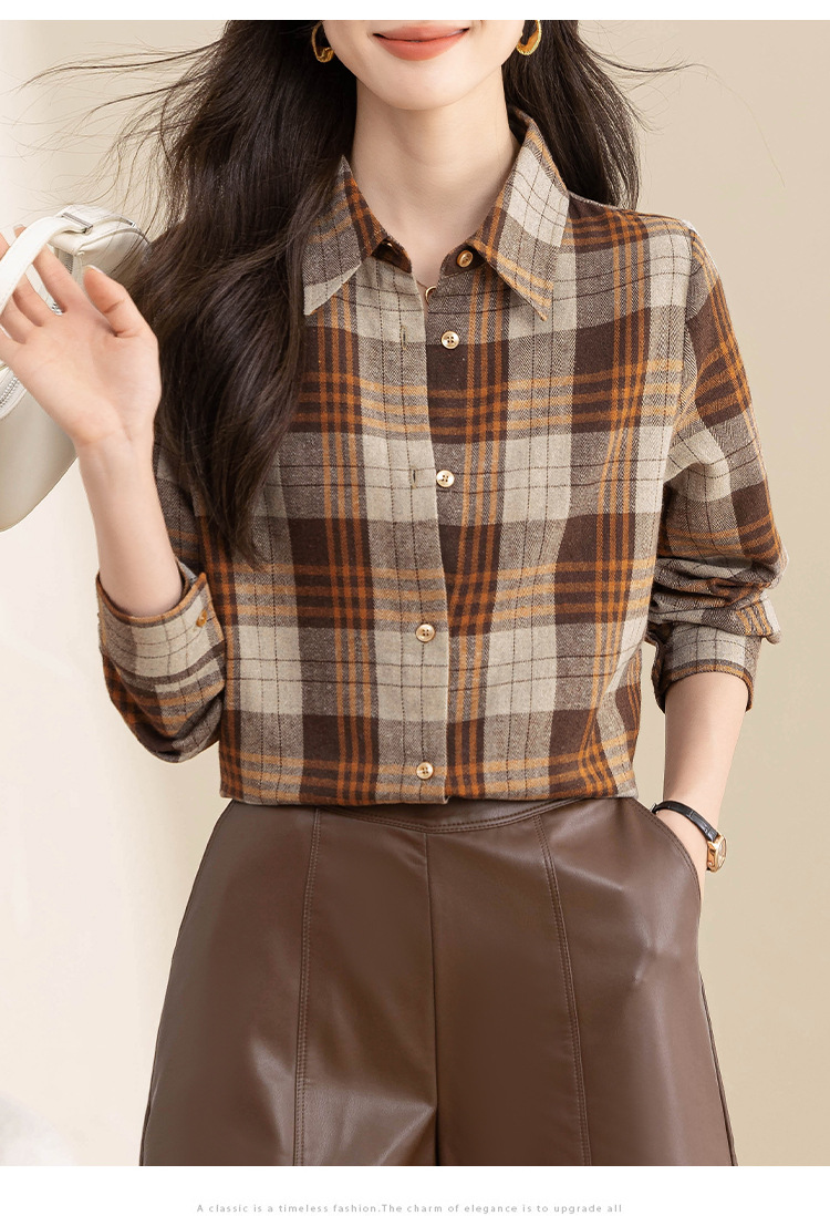 复古格子衬衫女长袖秋冬装新款中长款宽松上衣设计感小众磨毛衬衣详情18