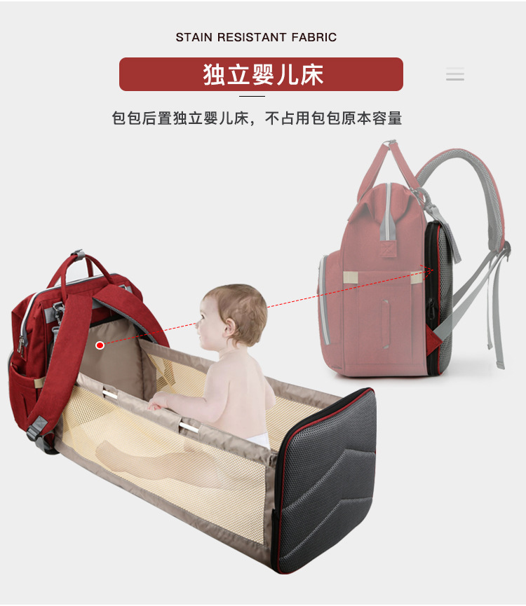 Nuevo modelo mommy bag cama cama plegable baby bag mamá multifuncional recargable impermeable bordado hilo mochila cama cross-border blast pic 7