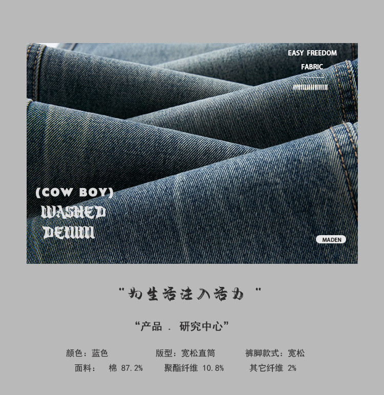 2024春夏新款牛仔裤经典慵懒蓝色宽松直筒版型牛仔裤男学生牛仔裤详情3