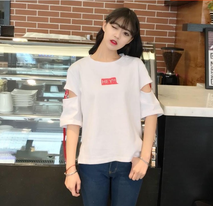Loose and slimming woven strap letter-printed perforated T-shirt for women, versatile top HEY mid-sleeve pic 1