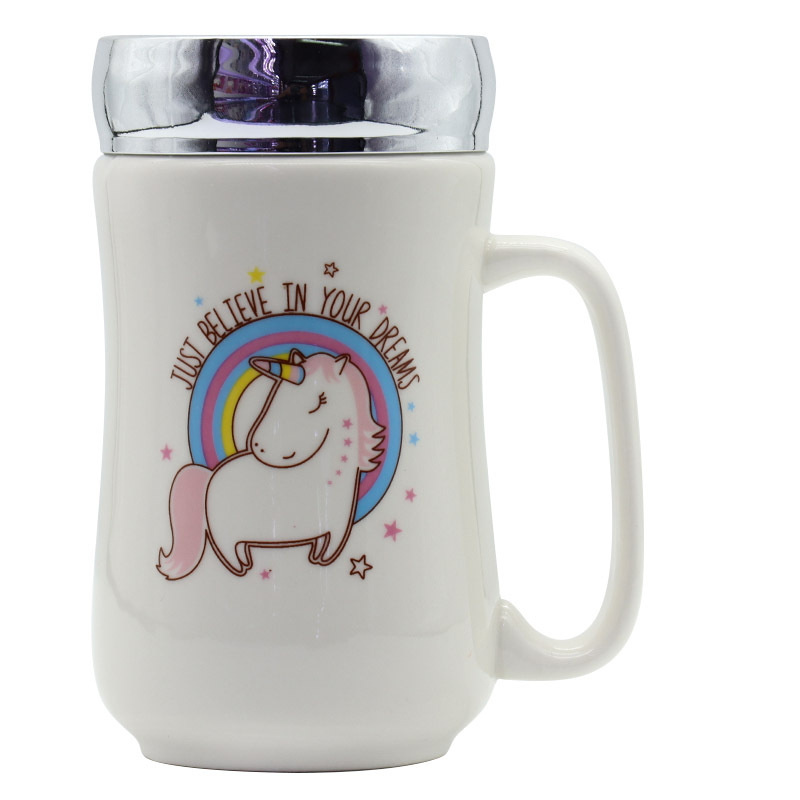 Unicorn Mirror cup lid, slim waist cup, Ceramic cup, mug, 450ml water cup, home, office, personal, business activity gift pic 1