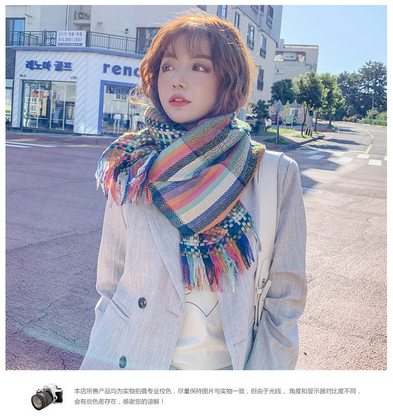 秋冬新款韩版围巾女草编彩条时尚披肩加长加厚保暖田园风围巾详情18