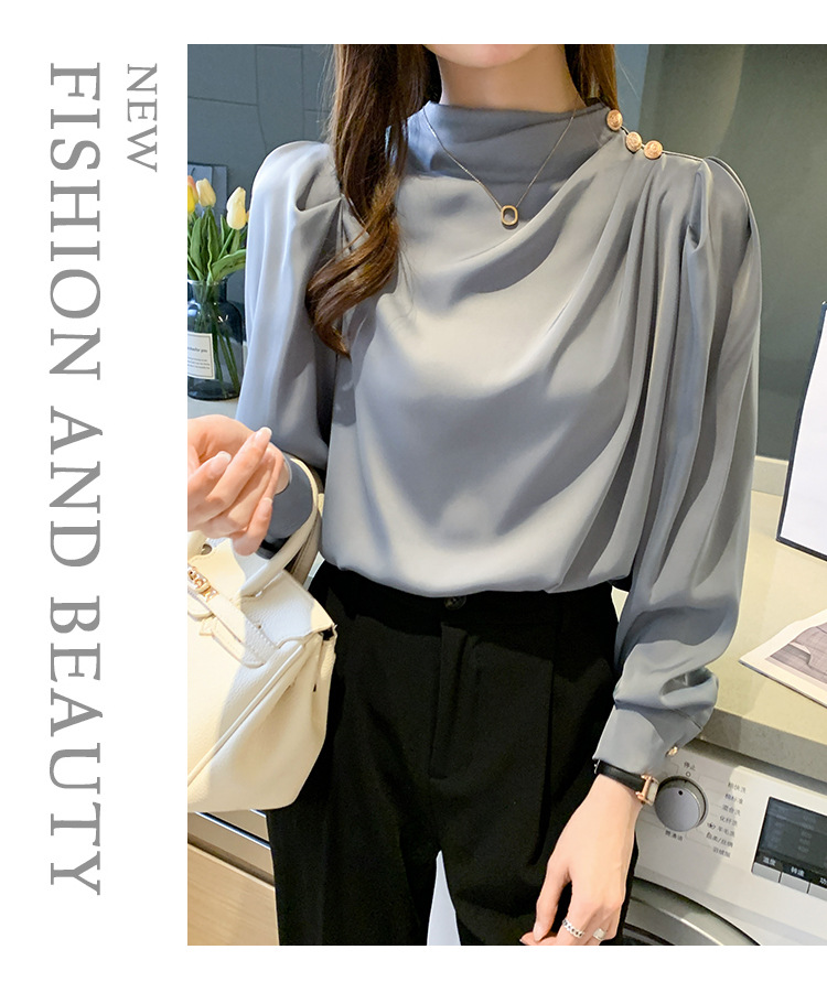 外贸供货2023轻熟气质立领褶皱灯笼袖时尚长袖上衣宽松女士衬衫详情38