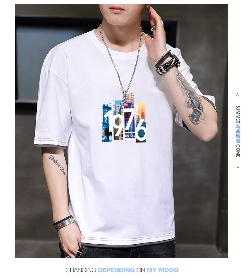 New Korean loose short-sleeved T-shirts for young men. Two pieces of cotton half-sleeved faux faux T-shirts for students, cool and oversized pic 59