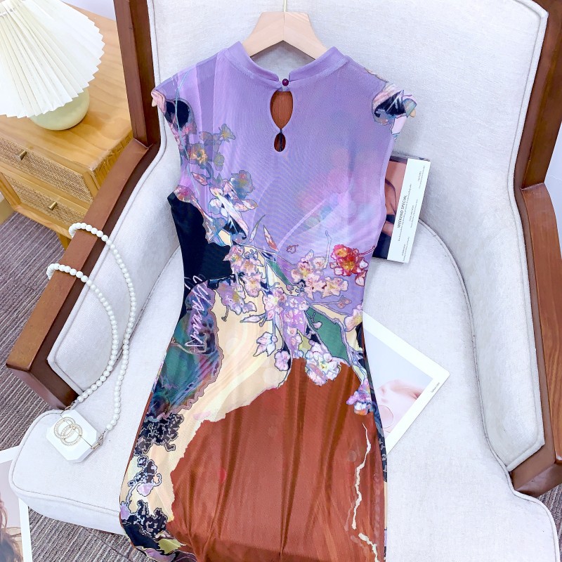 现货OfAki新中式前后两穿撞色旗袍连衣裙女印花鱼尾背心裙详情26