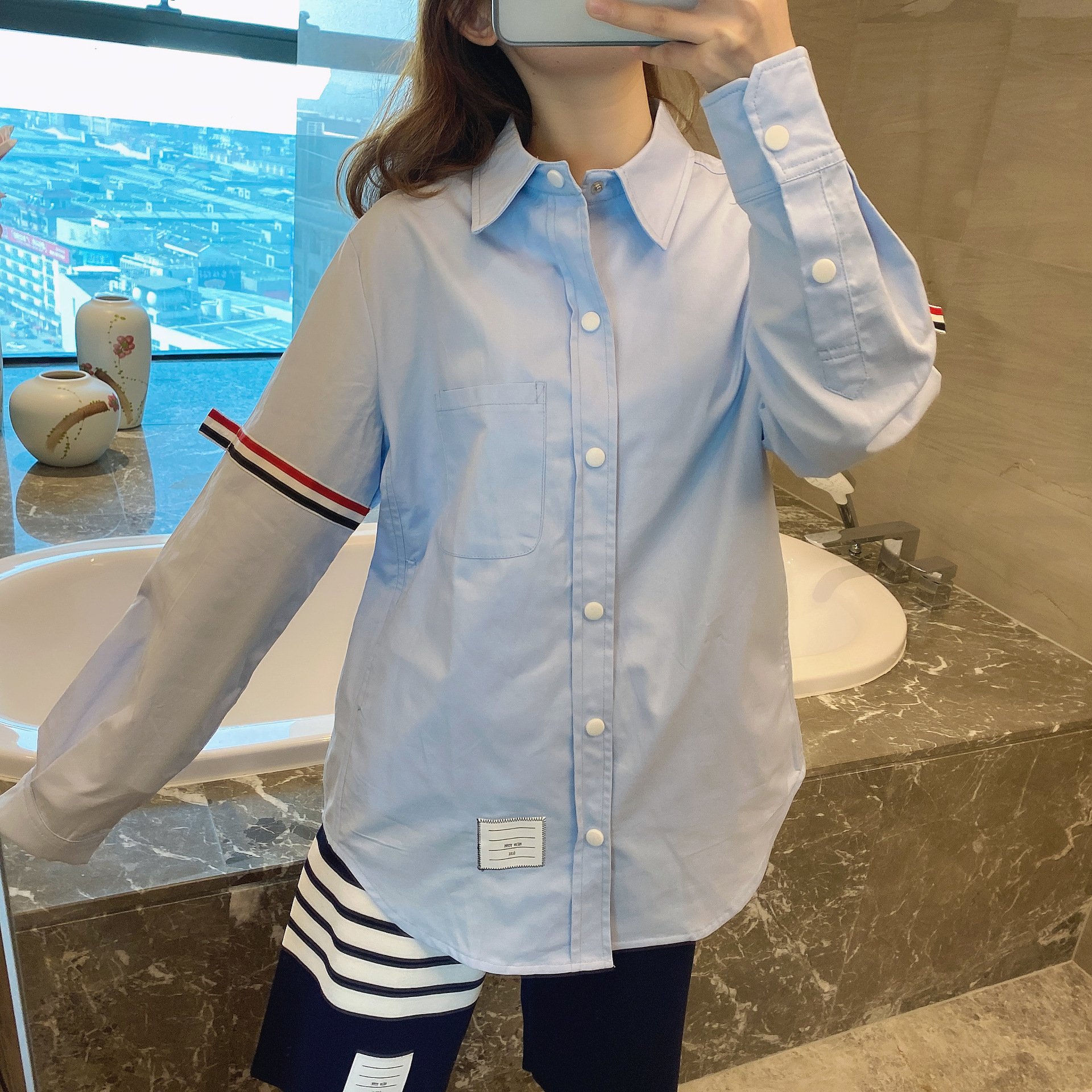 TB casual trendy brand poplin slim-fit solid white shirts for men and women, Oxford fabric shirts for women with long sleeves pic 50