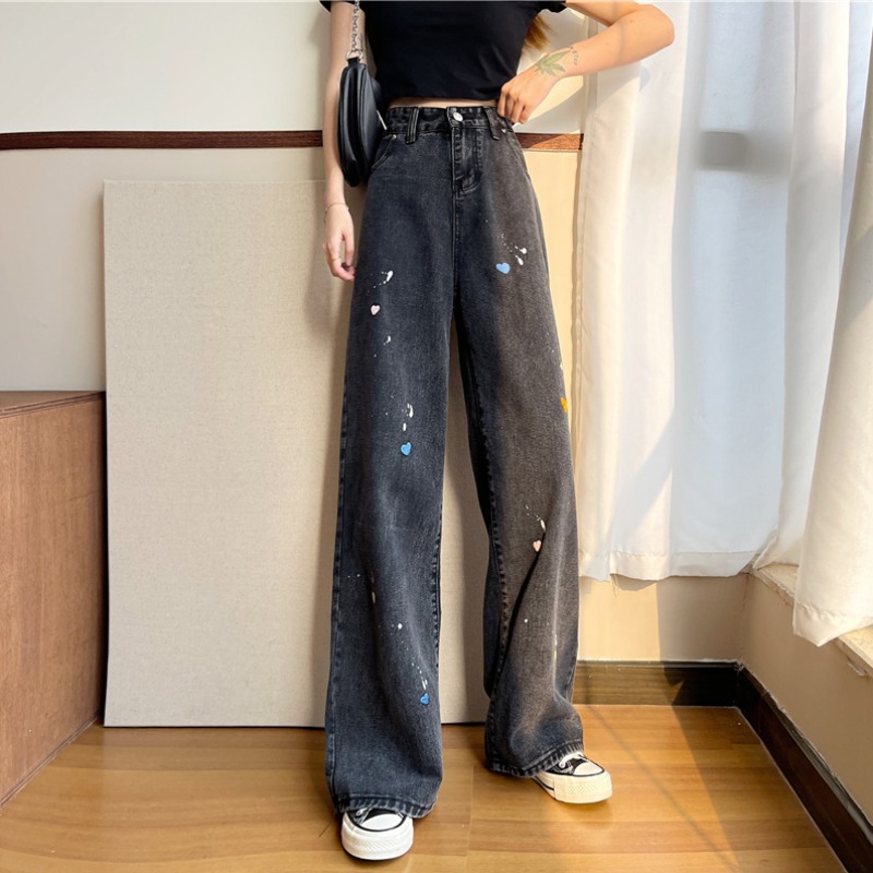 The new Korean style high-waisted straight-leg loose, slimming, wide-leg black floor-length jeans for women in spring and summer are trendy pic 17
