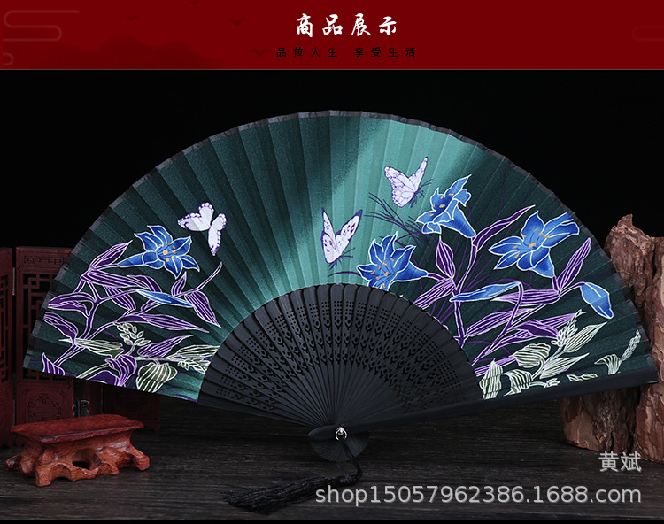 中国风礼品真丝竹扇子日式和风扇百合花系列 折扇批发舞蹈道具扇详情13