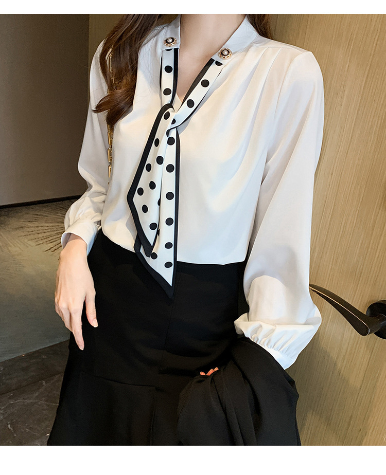 衬衫女2024秋季新款时尚气质韩版V领波点蝴蝶结系带减龄长袖上衣详情21