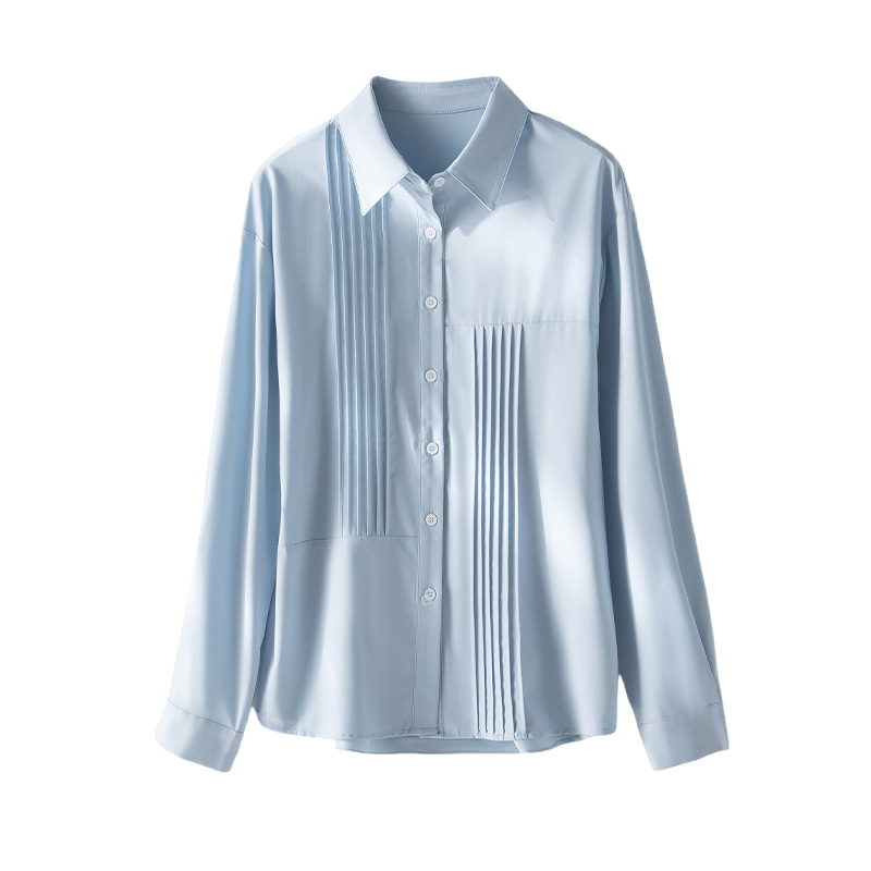 秋季女士纯色衬衫Polo领日系设计感上衣新款宽松复古百搭衬衣开衫详情8