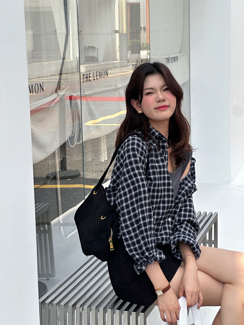THE LEMON柠檬绿茶设计感宽松显瘦休闲ins假两件格纹衬衫女秋季详情21