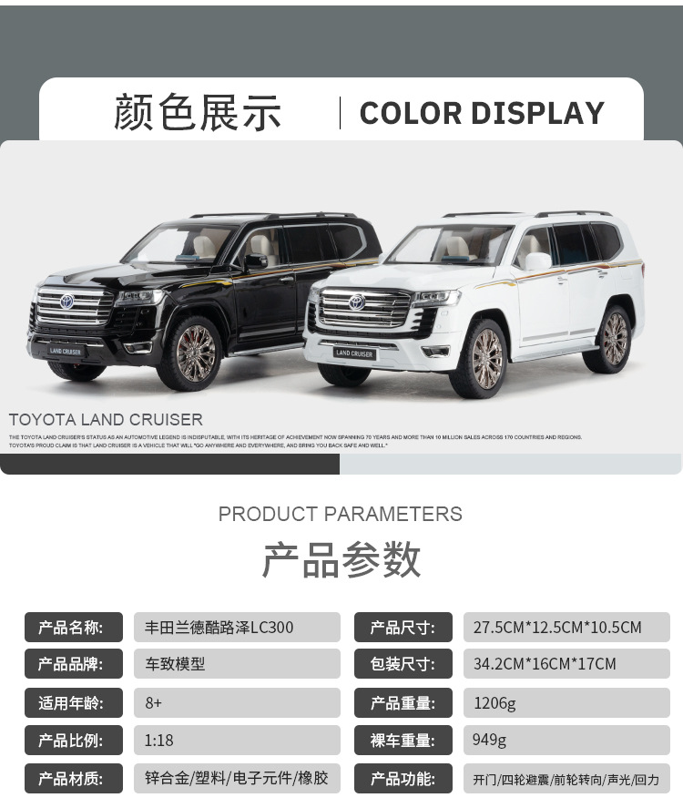 (Foam box set) Simulation 1:18 scale Toyota Land Cruiser LC300 alloy SUV car model ornament pic 4