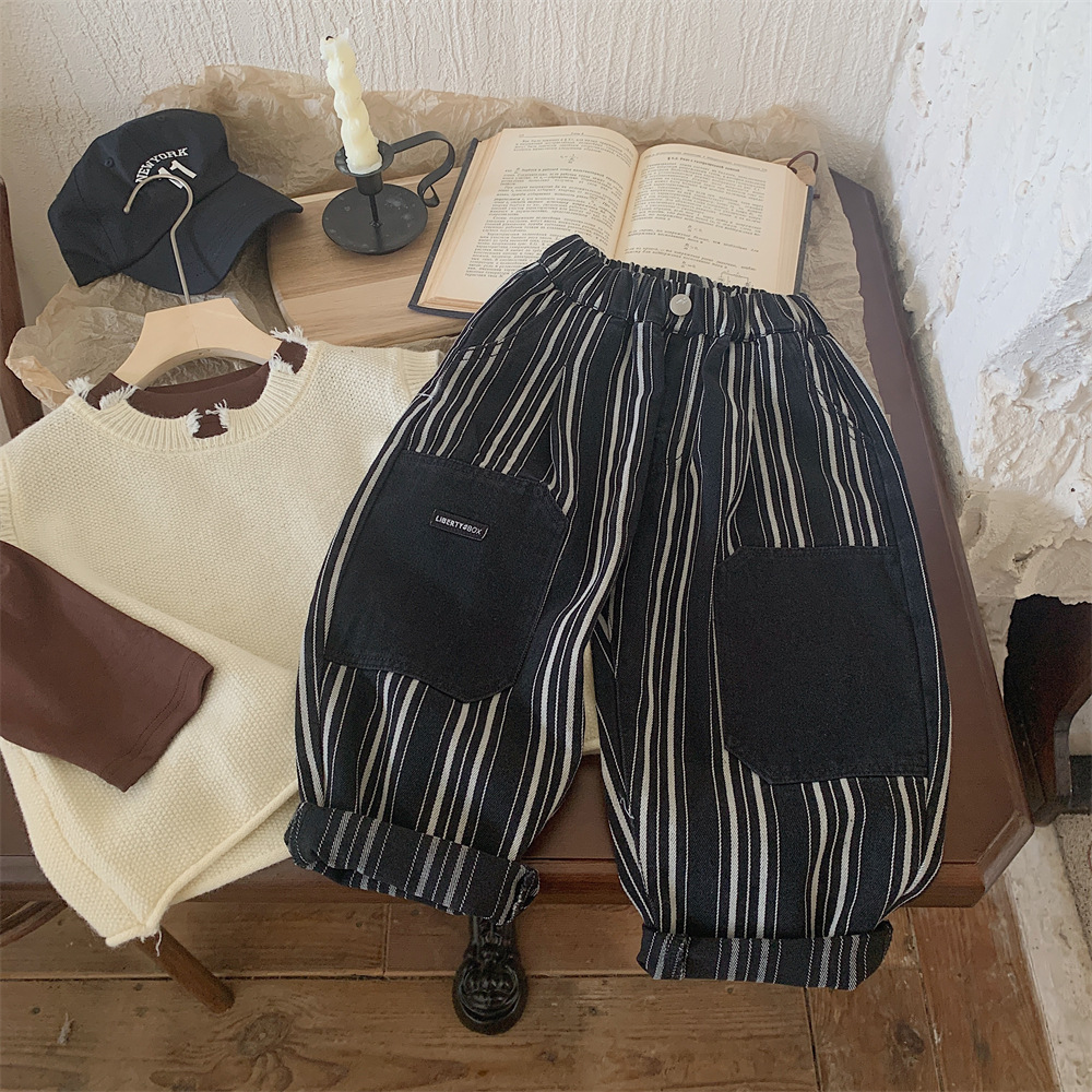 蒙田儿童长裤2023秋季新品男女童韩版提花条纹牛仔裤宝宝休闲长裤详情8