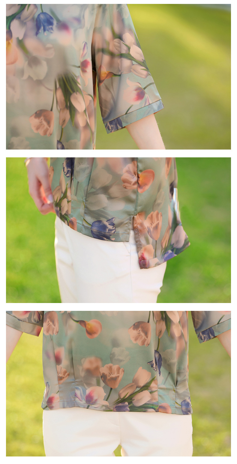 New fashionable chiffon short-sleeved T-shirt for middle-aged and elderly mothers in summer, elegant top for middle-aged women, and trendy floral mini shirt pic 58