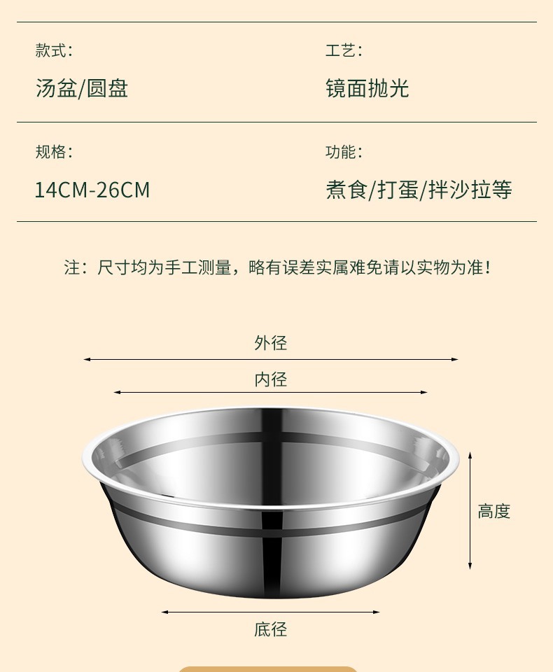 304不锈钢汤盆 加厚加深家用菜碟汤碗多用盘餐盘餐具 圆盘托盘详情14