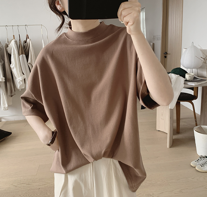 琪镌绘制半高领t恤女式春夏季新款宽松显瘦韩版简约半袖减龄棉质详情26