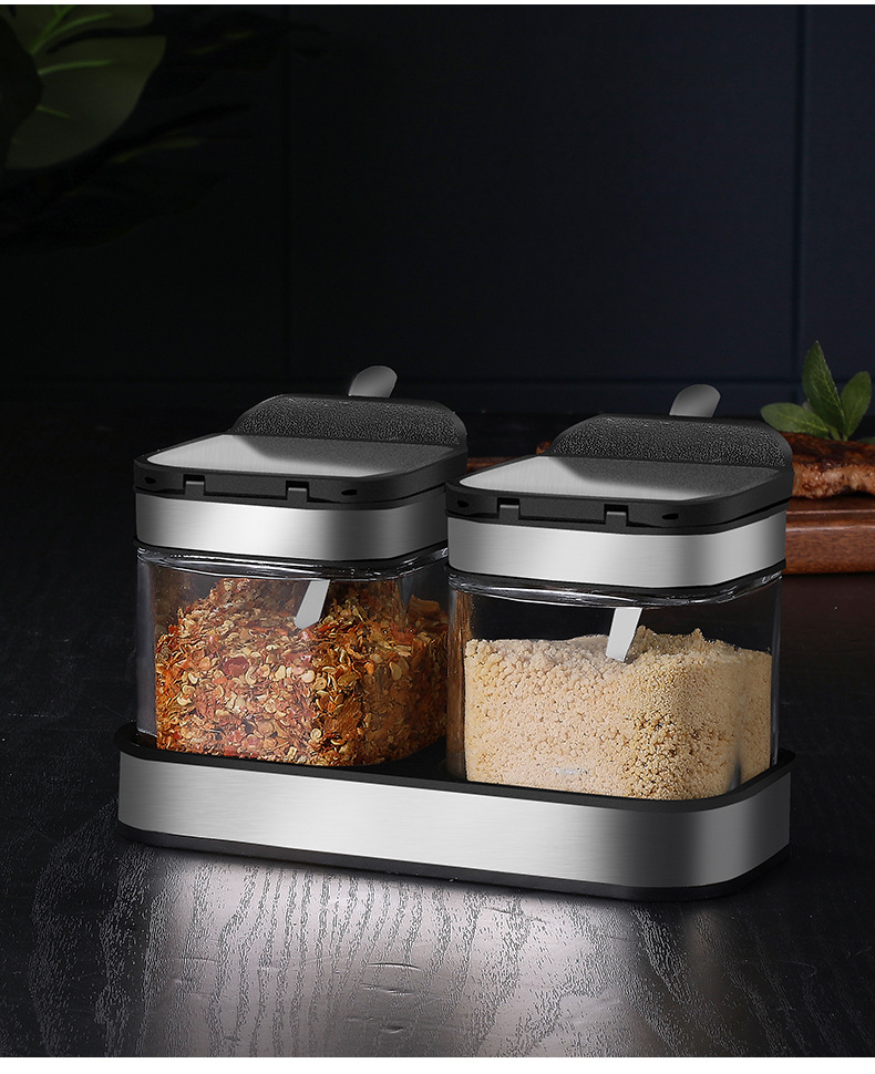 New product direct supply from the manufacturer: 304 stainless steel seasoning jar three-piece set, creative kitchenware glass seasoning box set pic 11