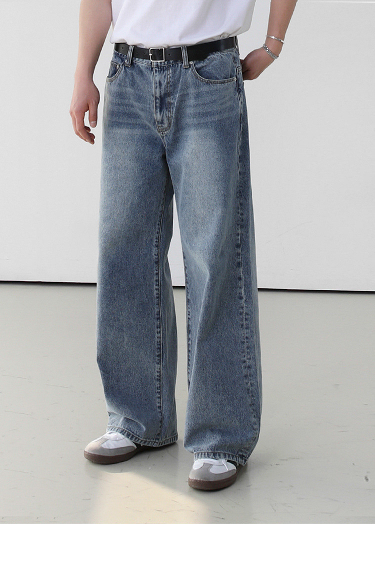 BJ复古水洗牛仔裤男士夏季薄款宽松长裤子韩版潮流阔腿直筒裤详情9