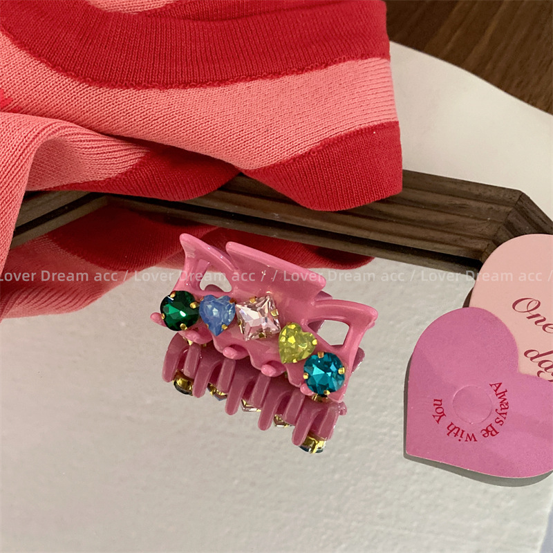 韩国新款复古彩色水钻粉色鲨鱼夹发夹 中古风抓夹网红时尚发饰女详情15